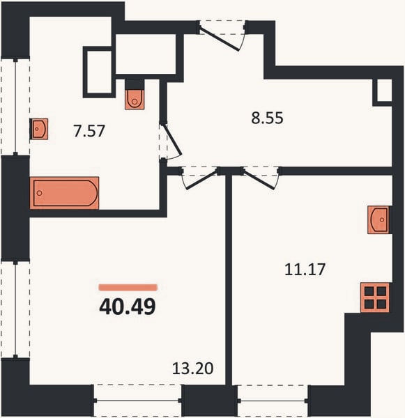 Планировка: 1-к, 40,5 м²