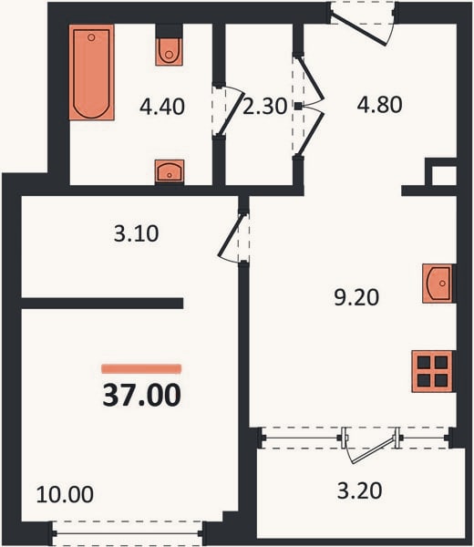 Планировка: 1-к, 37 м²