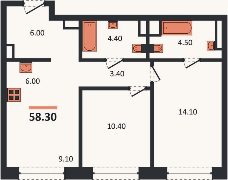 Планировка: 2-к, 58,3 м²
