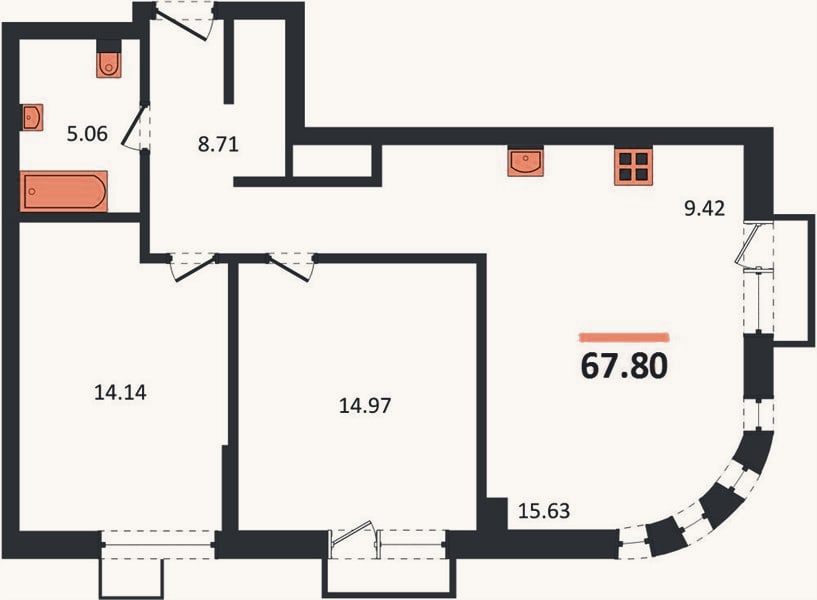 Планировка: 2-к, 67,8 м²