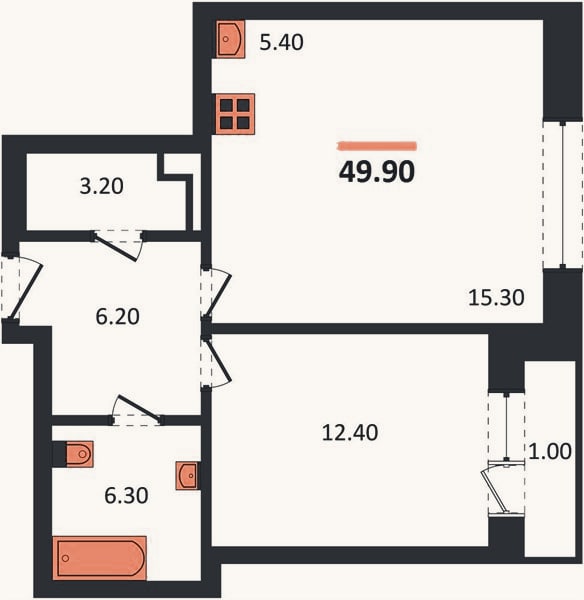 Планировка: 1-к, 49,9 м²