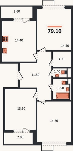 Планировка: 3-к, 79,1 м²