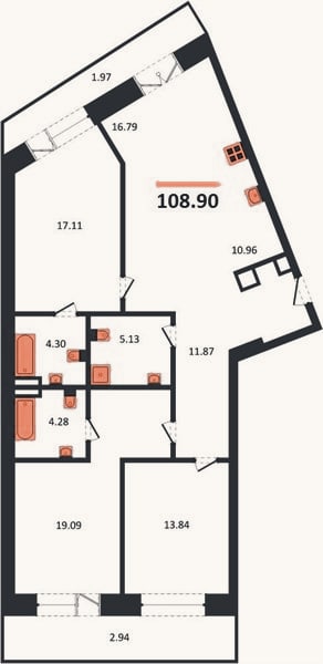 Планировка: 3-к, 108,9 м²