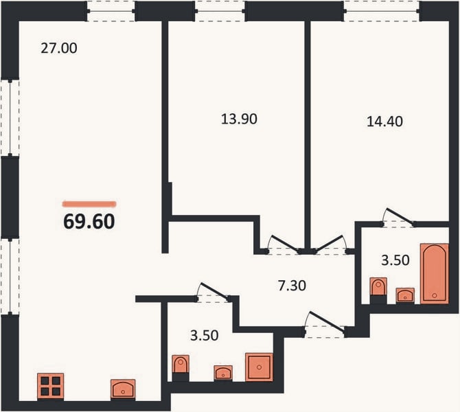 Планировка: 2-к, 69,6 м²