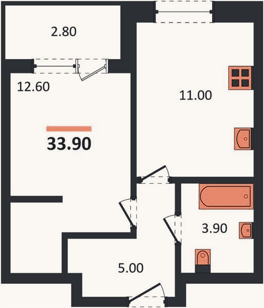 Планировка: 1-к, 33,9 м²