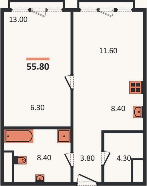 Планировка: 1-к, 55,8 м²