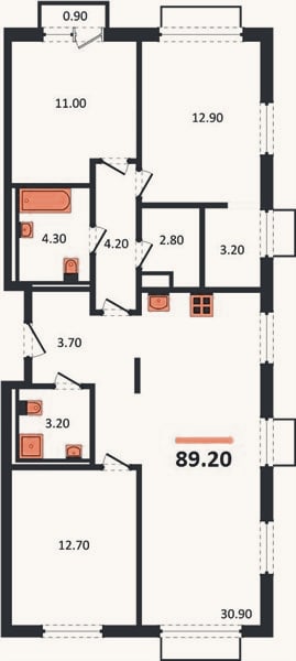 Планировка: 3-к, 89,2 м²
