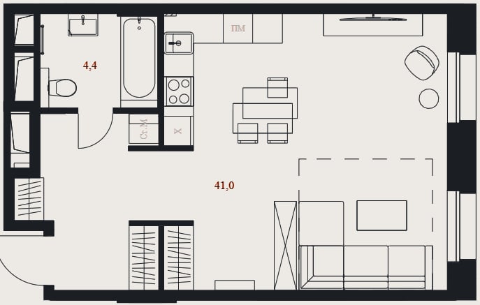 Планировка: Студия, 45,4 м²