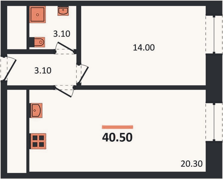 Планировка: 1-к, 40,5 м²