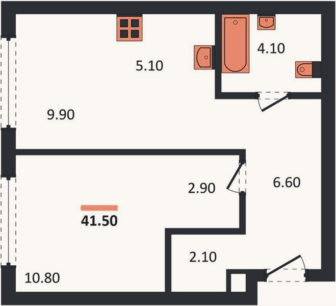 Планировка: 1-к, 41,5 м²