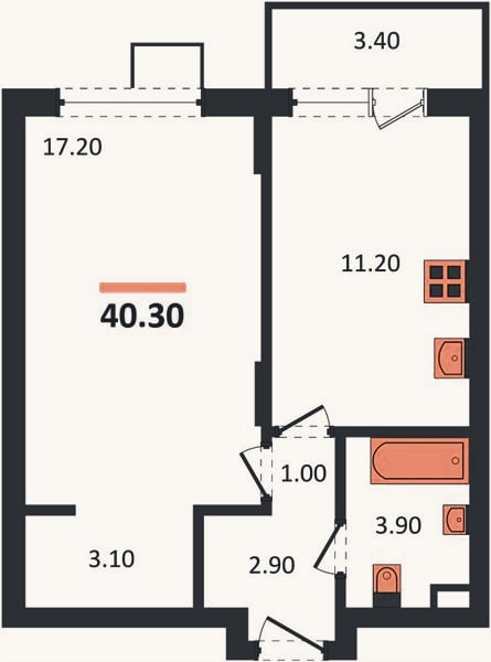 Планировка: 1-к, 40,3 м²