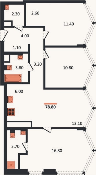 Планировка: 3-к, 81,4 м²
