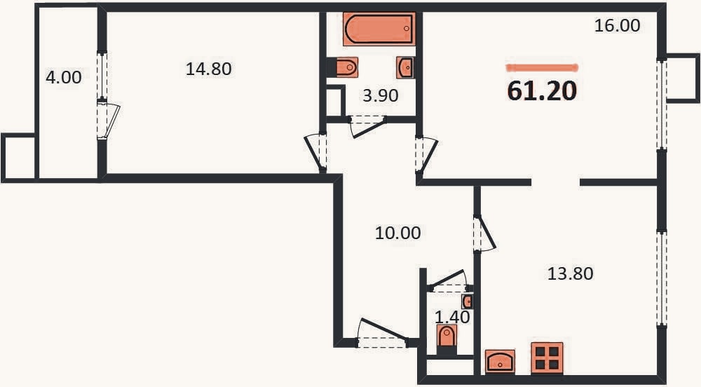 Планировка: 2-к, 61,2 м²