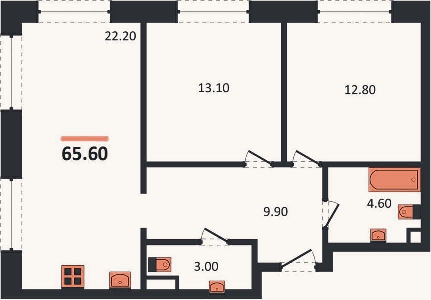 Планировка: 2-к, 65,6 м²