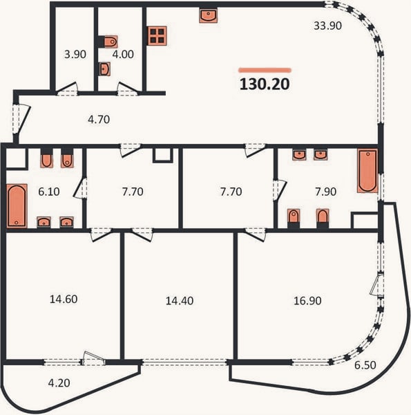 Планировка: 3-к, 130,2 м²