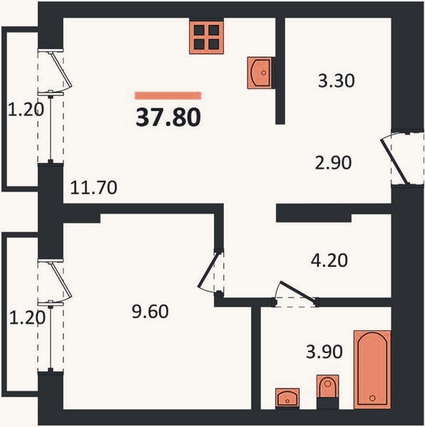 Планировка: 1-к, 37,8 м²