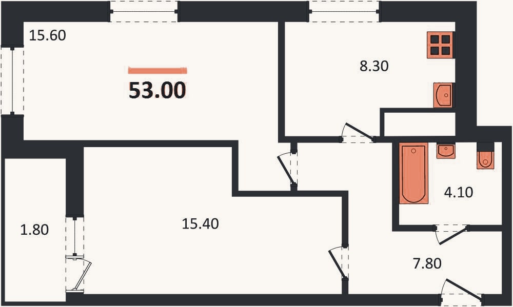 Планировка: 2-к, 53 м²