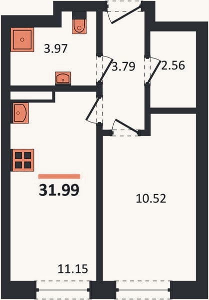 Планировка: 1-к, 32 м²
