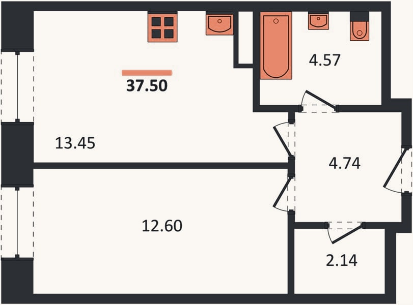 Планировка: 1-к, 37,5 м²