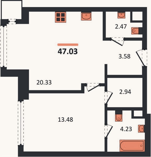 Планировка: 1-к, 47 м²
