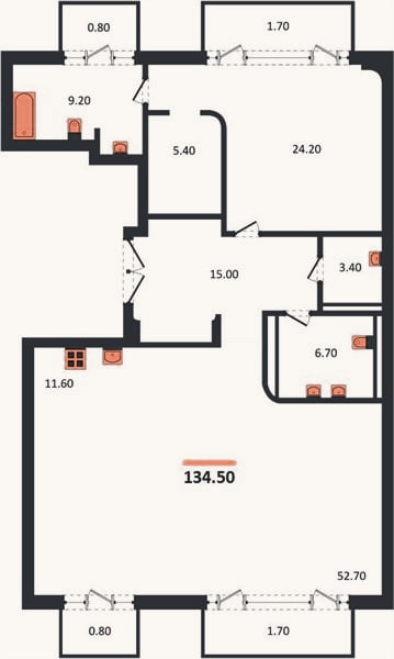 Планировка: 1-к, 134,5 м²