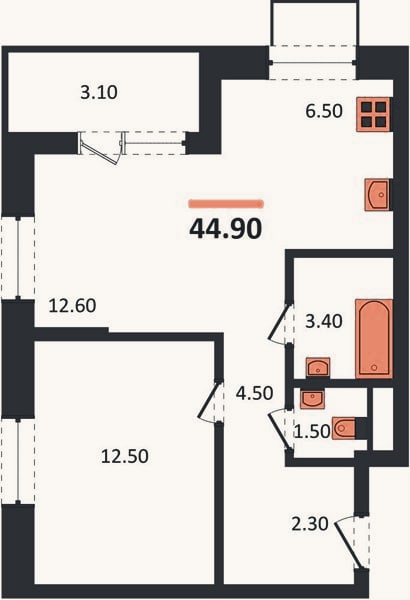 Планировка: 1-к, 44,9 м²