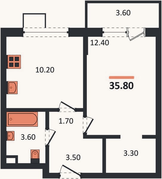 Планировка: 1-к, 35,8 м²