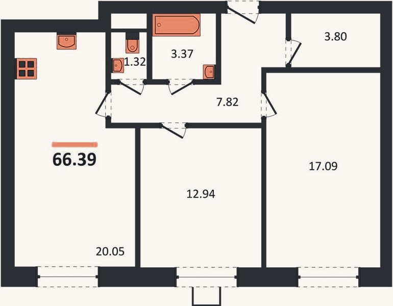 Планировка: 2-к, 66,4 м²