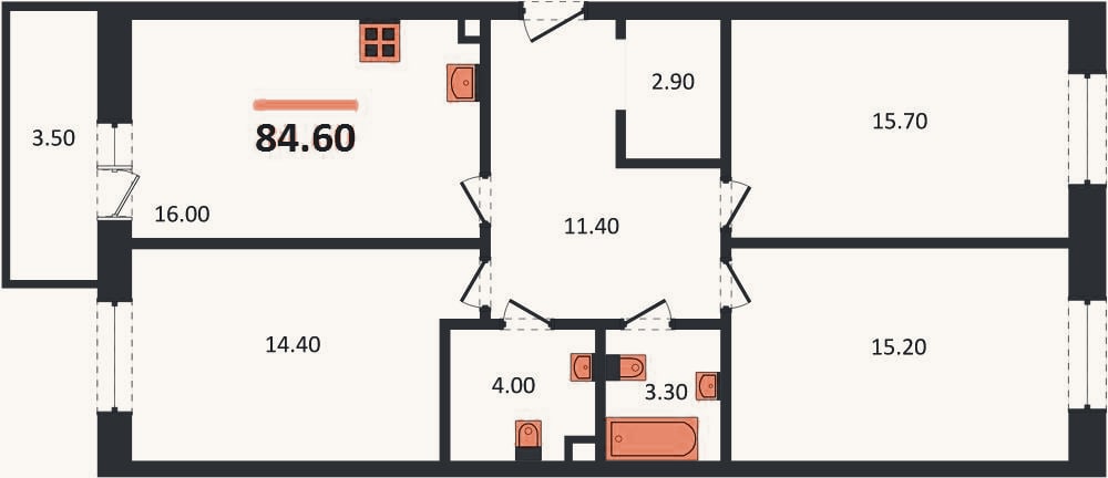 Планировка: 3-к, 84,6 м²