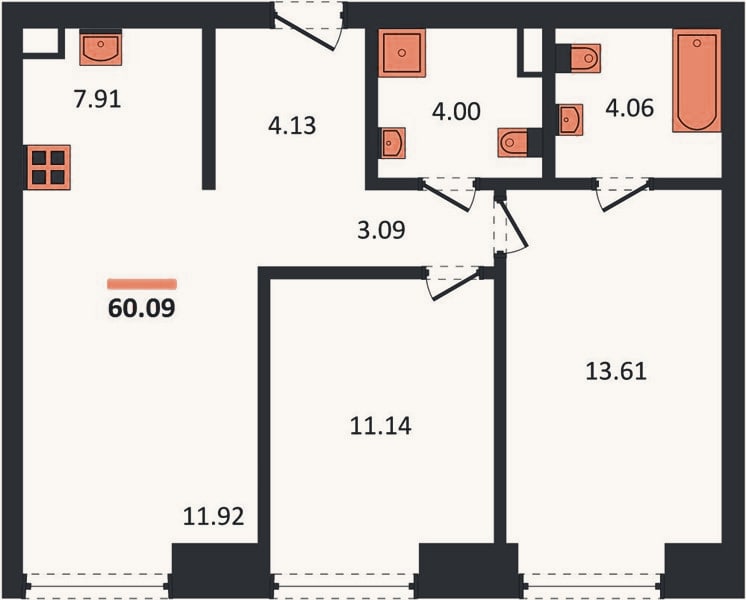 Планировка: 2-к, 60,1 м²