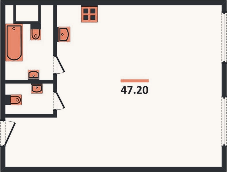 Планировка: 1-к, 47,2 м²