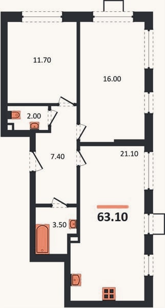 Планировка: 2-к, 63,1 м²
