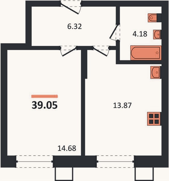 Планировка: 1-к, 39,1 м²