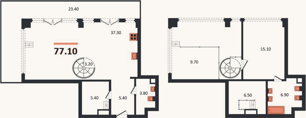 Планировка: 1-к, 77,1 м²