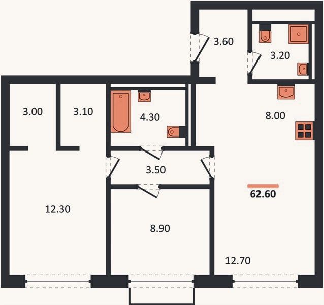 Планировка: 2-к, 62,6 м²