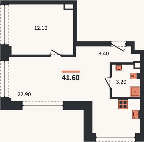 Планировка: 1-к, 41,6 м²