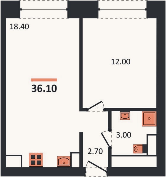 Планировка: 1-к, 36,1 м²