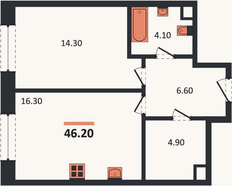 Планировка: 1-к, 46,2 м²