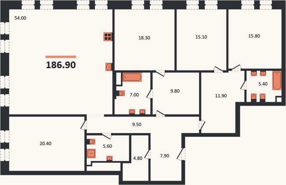 Планировка: 4+ к, 186,9 м²