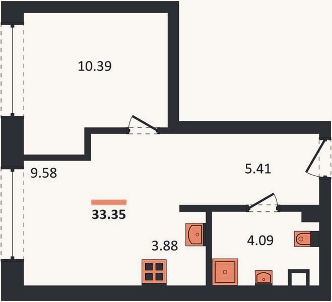 Планировка: 1-к, 33,4 м²