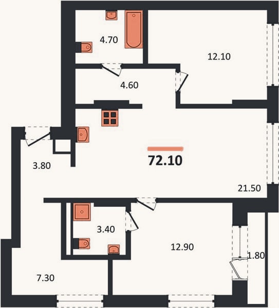 Планировка: 2-к, 72,1 м²
