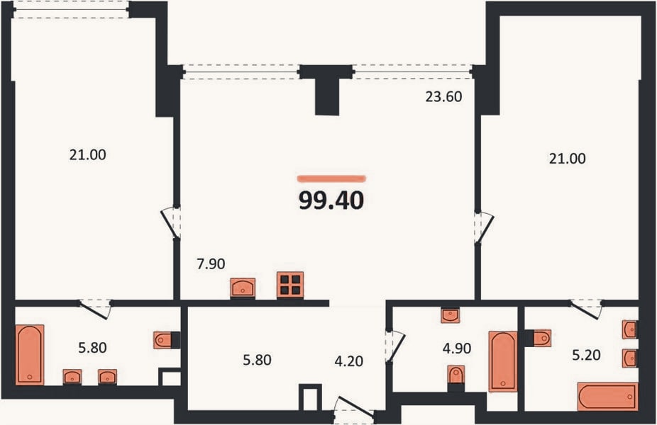 Планировка: 2-к, 99,4 м²
