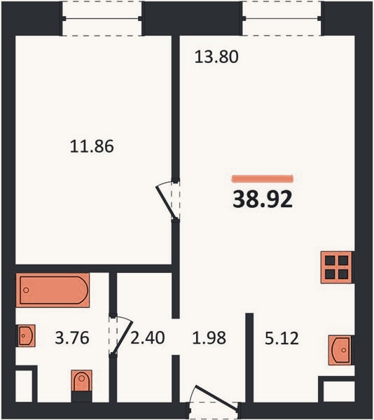 Планировка: 1-к, 38,9 м²