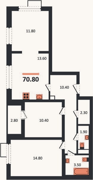 Планировка: 3-к, 70,8 м²