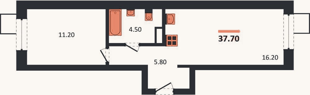 Планировка: 1-к, 37,7 м²