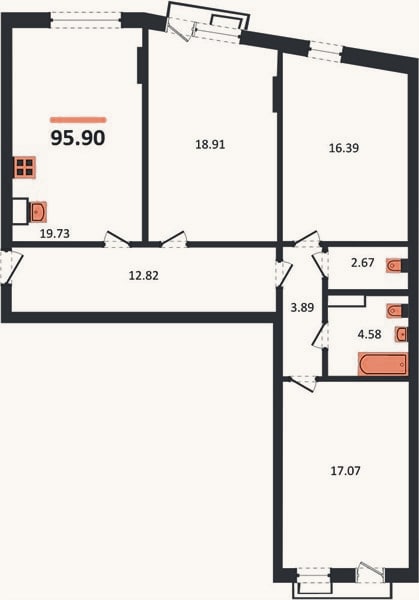 Планировка: 3-к, 95,9 м²