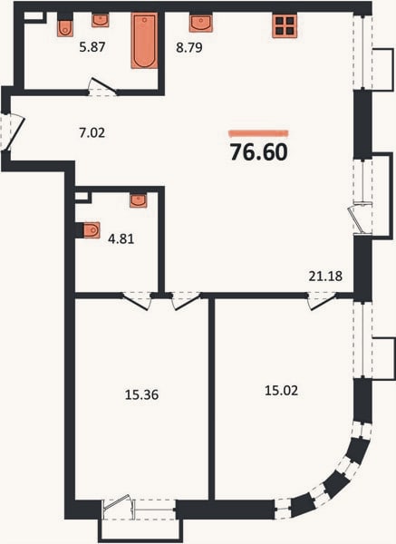 Планировка: 2-к, 76,6 м²