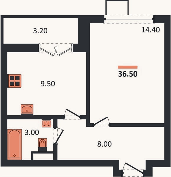 Планировка: 1-к, 36,5 м²