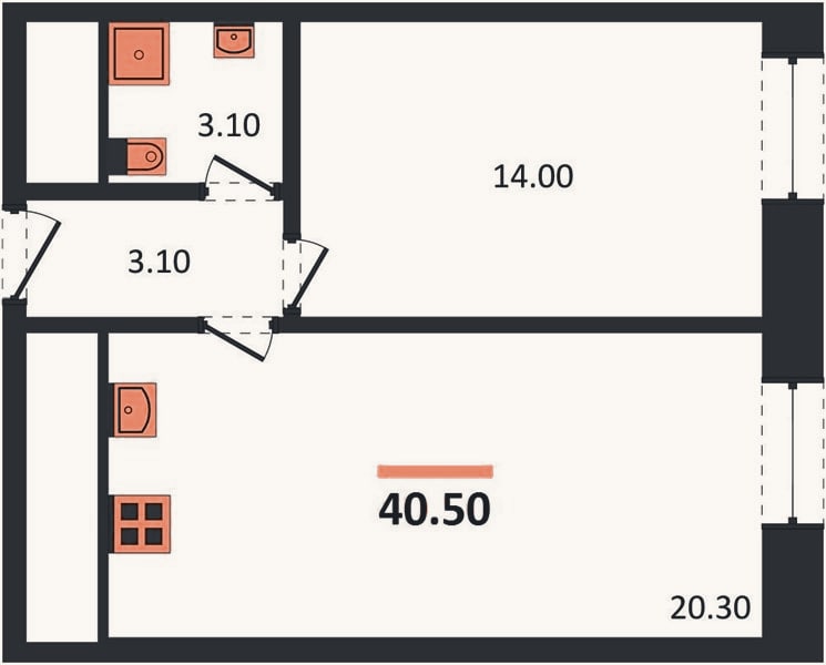 Планировка: 1-к, 40,5 м²