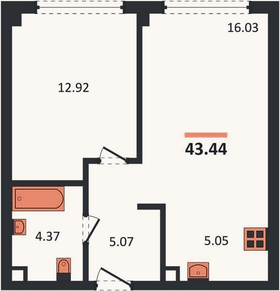 Планировка: 1-к, 43,4 м²
